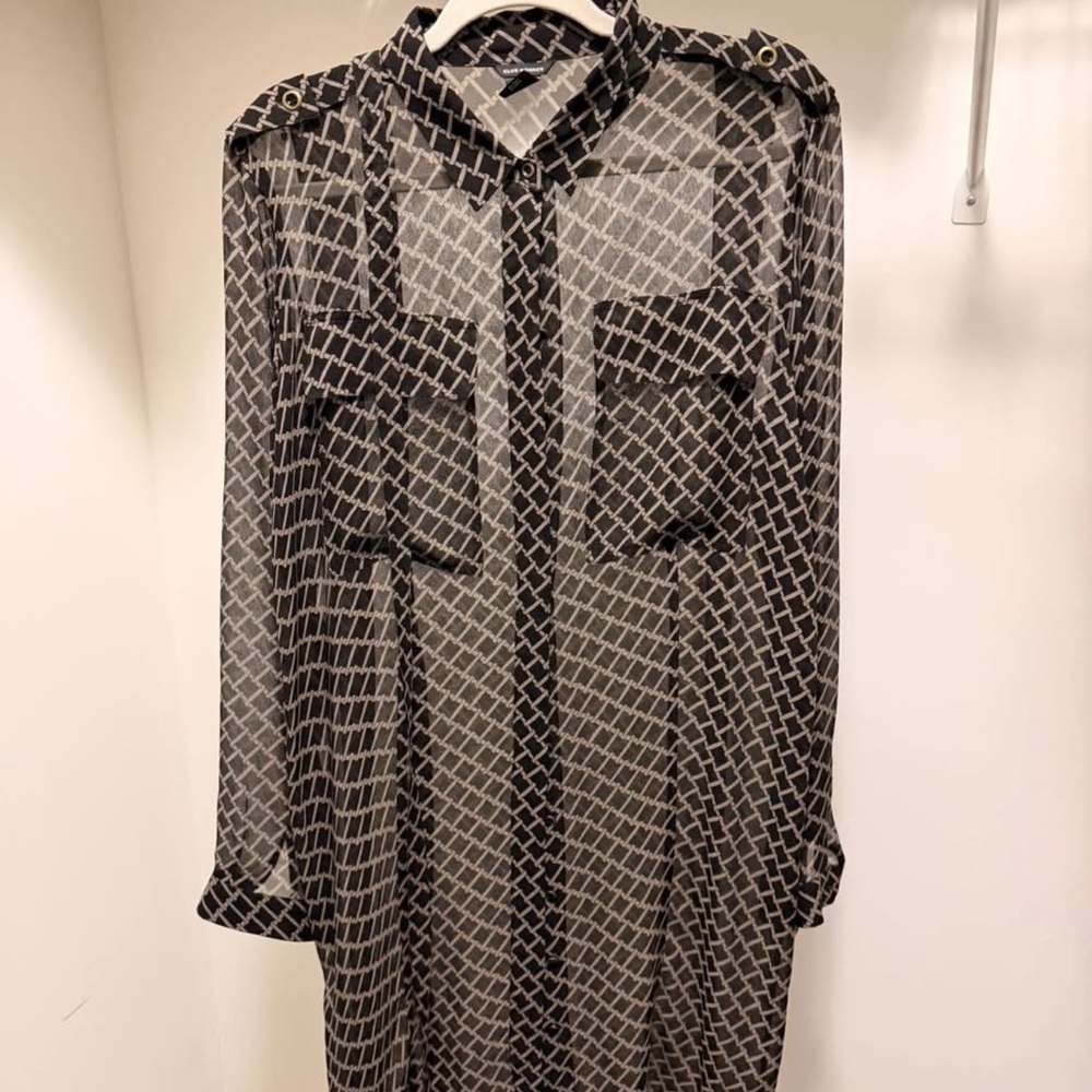 Club Monaco Black and Cream Geometric Long Sleeve Dress